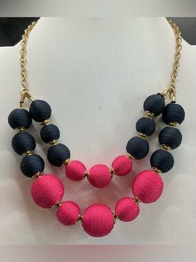 TALBOT’S PINK AND NAVY BLUE STATEMENT NECKLACE ON GOLD TONE CHAIN